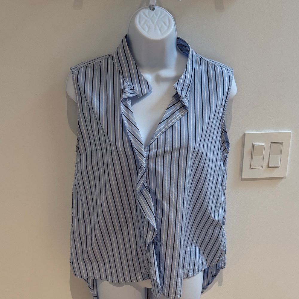 Frame Denim Blue and White Striped Sleeveless Blouse
